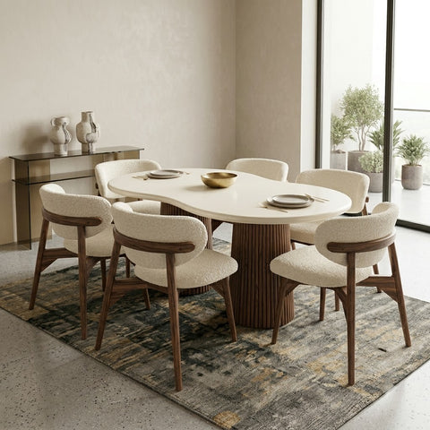 PRITI 6 Seater Dining Set with Dark Walnut Sheesham Wood & Crème Boucle Chairs