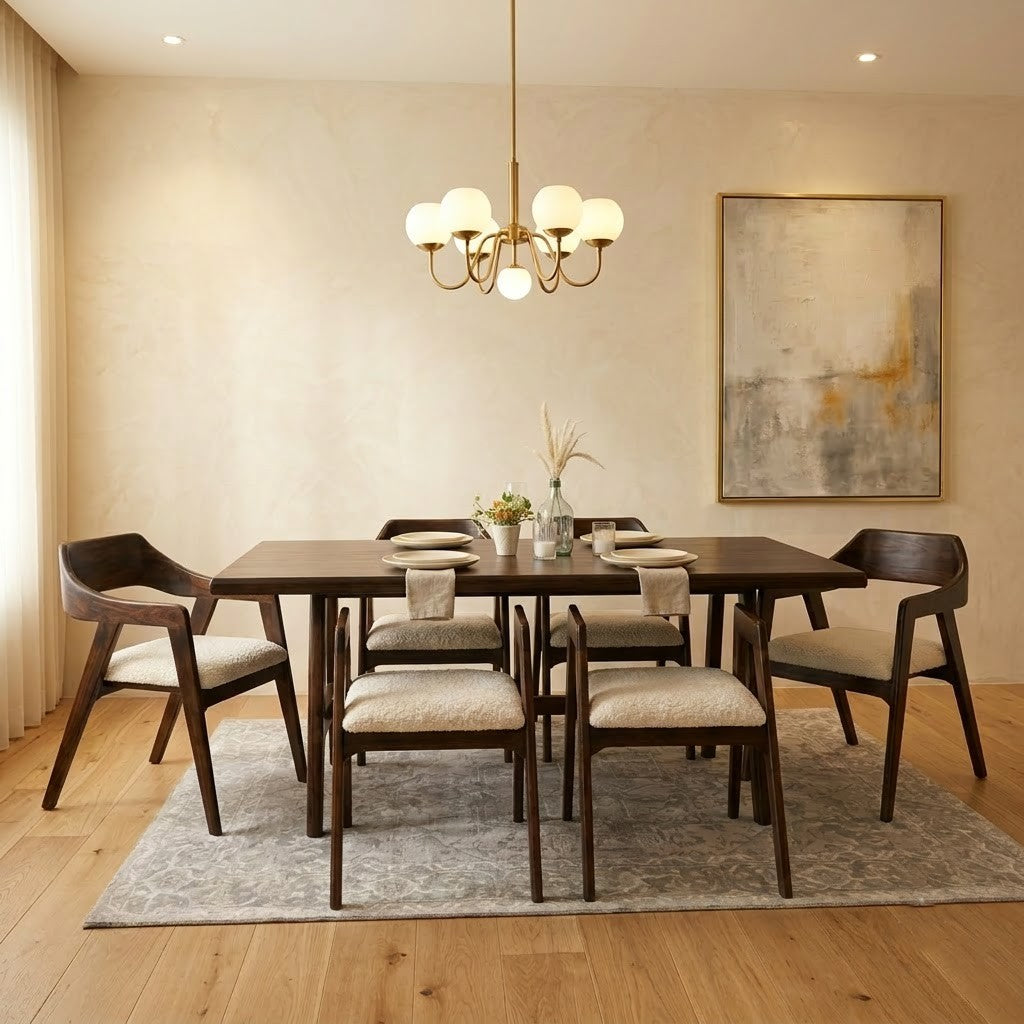 PRITI 6 Seater Dining Table Set | Dark Walnut Wood & Crème Boucle Upholstery