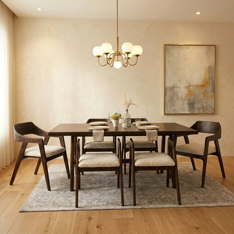 PRITI 6 Seater Dining Table Set | Dark Walnut Wood & Crème Boucle Upholstery