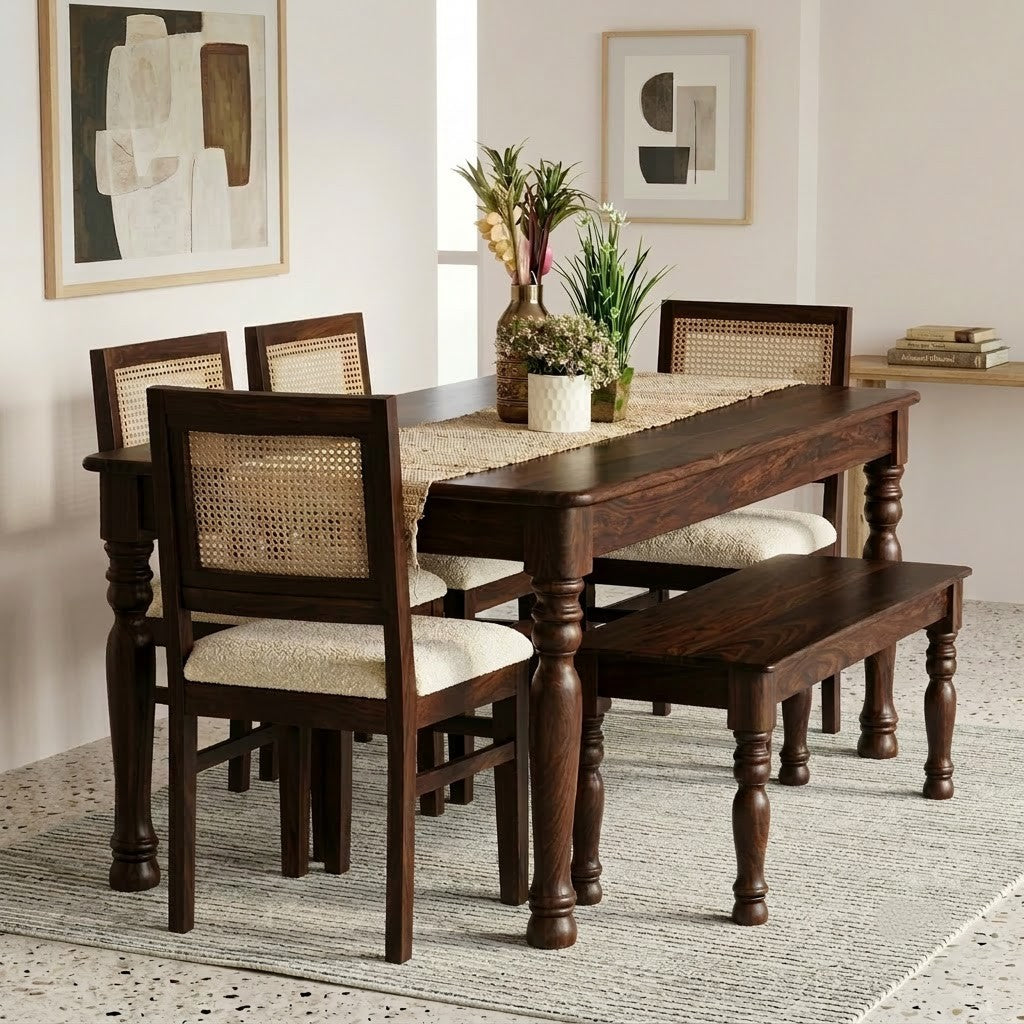 PRITI 6 Seater Sheesham Wood Dining Set with Crème Boucle Upholstered Chairs