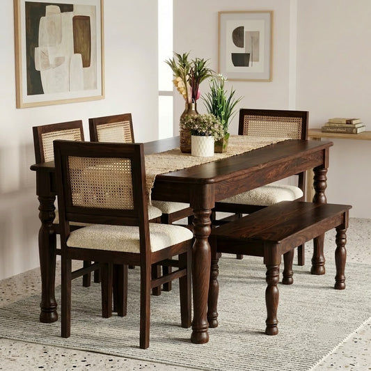 PRITI 6 Seater Sheesham Wood Dining Set with Crème Boucle Upholstered Chairs