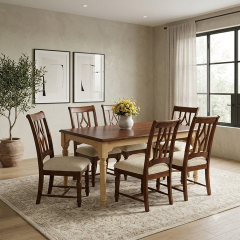 PRITI 6 Seater Solid Wood Dining Set with Crème Boucle Upholstered Chairs