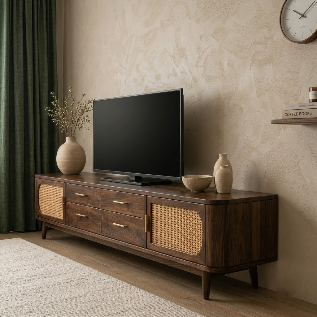 PRITI 70-Inch Wooden TV Stand with Cane Panel Storage for Living Room