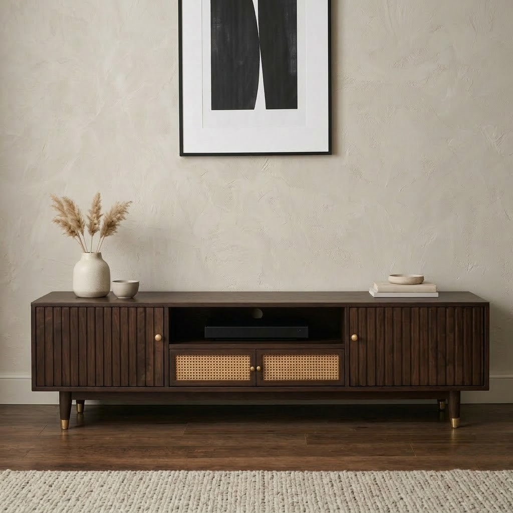 PRITI 70 Inch Entertainment Cabinet with Cane Panel Detailing