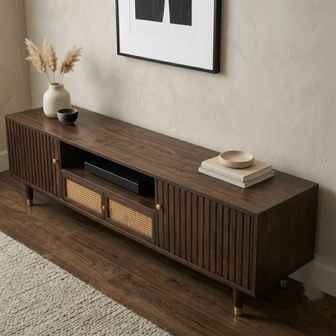 PRITI 70 Inch Solid Wood TV Console with Cane Panel Storage