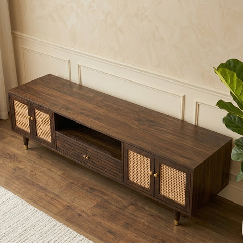 PRITI 70 Inch Wooden TV Unit with Storage – Cane Panel Media Console