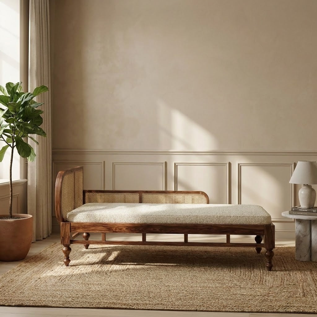 PRITI 84 inch wooden chaise lounge with crème boucle seating