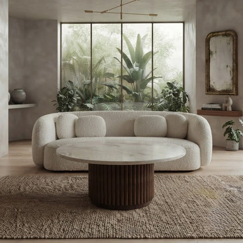 PRITI 90 cm Round Coffee Table – Stone Top, Fluted Base