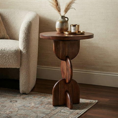 PRITI Acacia Wood Side Table | Sculptural Round End Table for Living Room