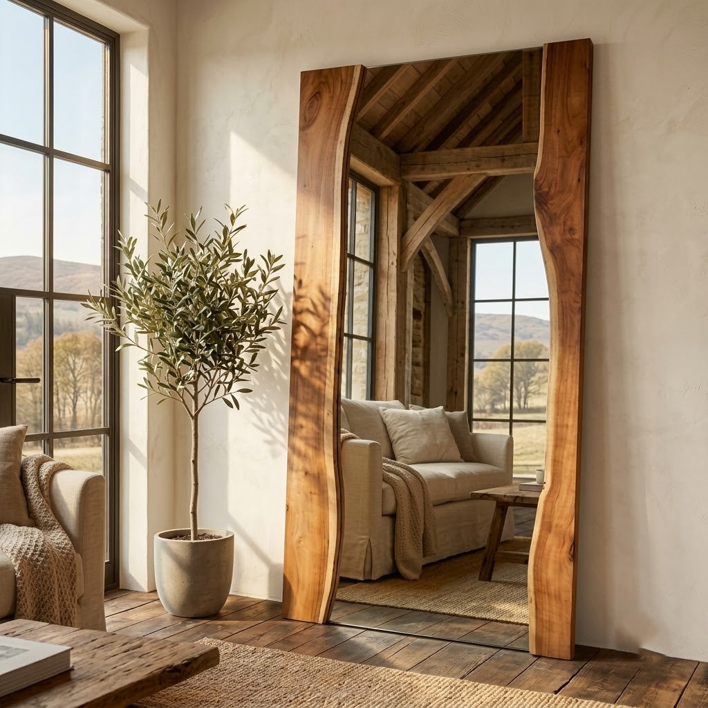 PRITI Acacia Wood Standing Mirror with Rustic Frame