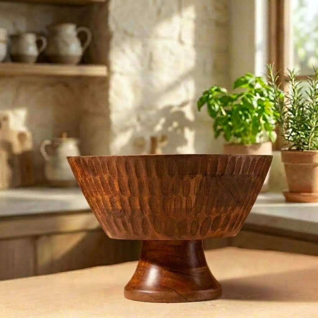 PRITI Acacia Wood Textured Serving Bowl with Natural Finish