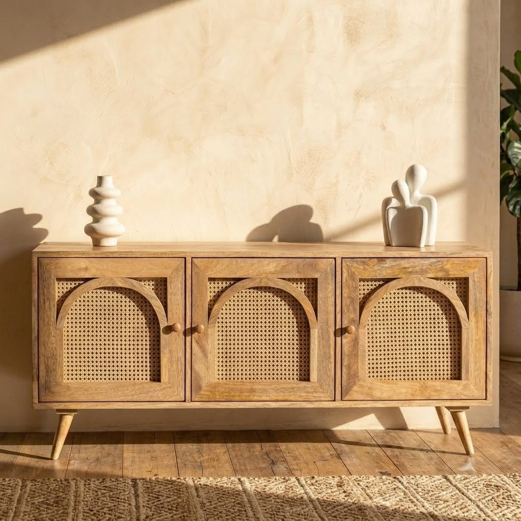 PRITI Arch Design TV Cabinet – Solid Mango Wood Media Unit for Living Room