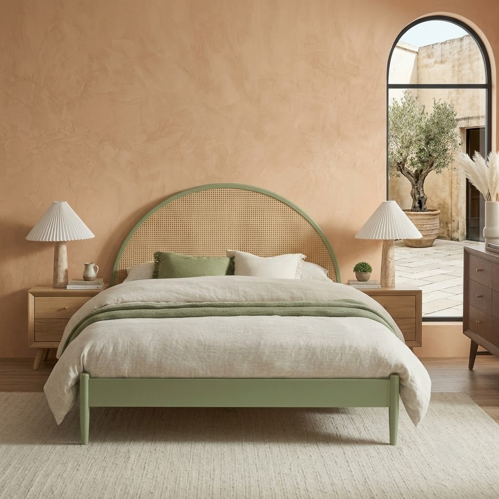 PRITI Ashley solid wood rattan bed with curved cane headboard