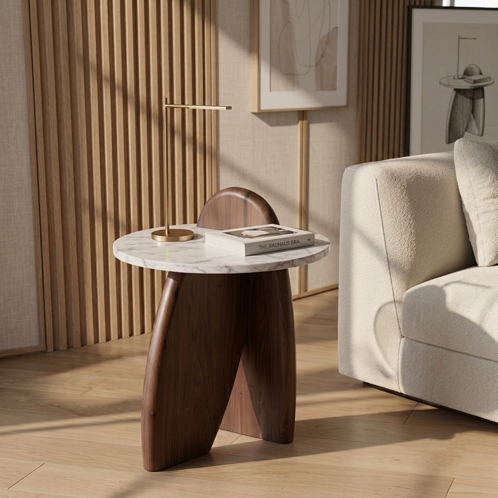 PRITI Banswara Marble Top End Table with Modern Solid Wood Base