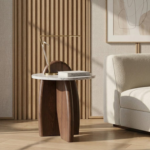 PRITI Banswara White Marble Top Side Table with Sculptural Wooden Base