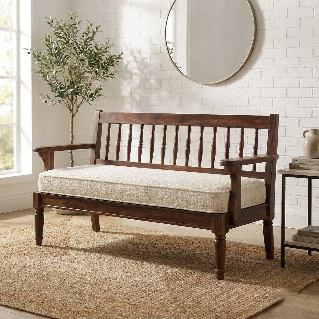 PRITI Bedroom Bench with Solid Sheesham Wood Frame and Boucle Upholstery