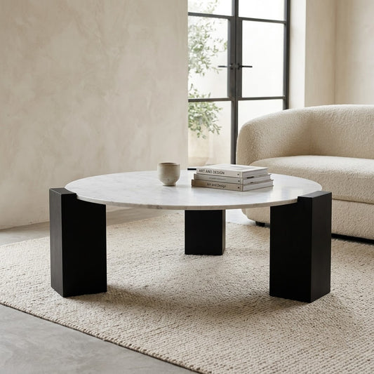 PRITI Beige Travertine Coffee Table – Round Stone Top Centre Table