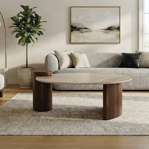 PRITI Beige Travertine Top Coffee Table | Dark Walnut Sheesham Wood Base