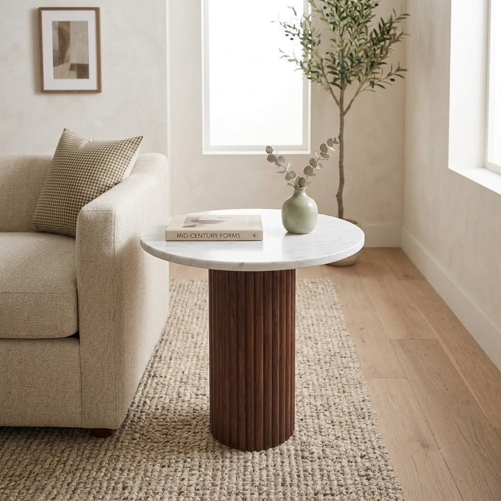 PRITI Bianco Venus Side Table, 40–60cm, Ribbed Wood Pedestal