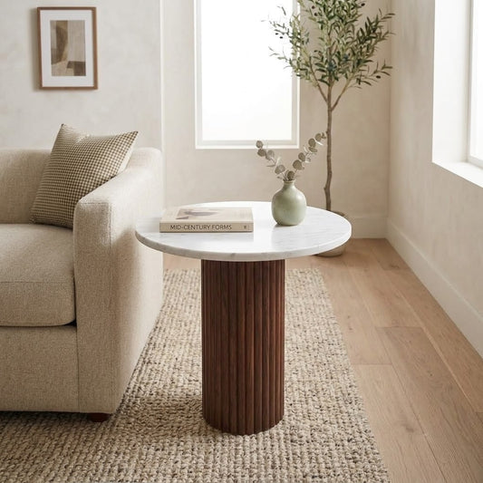 PRITI Bianco Venus Side Table, 40–60cm, Ribbed Wood Pedestal