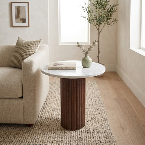PRITI Bianco Venus Side Table, 40–60cm, Ribbed Wood Pedestal