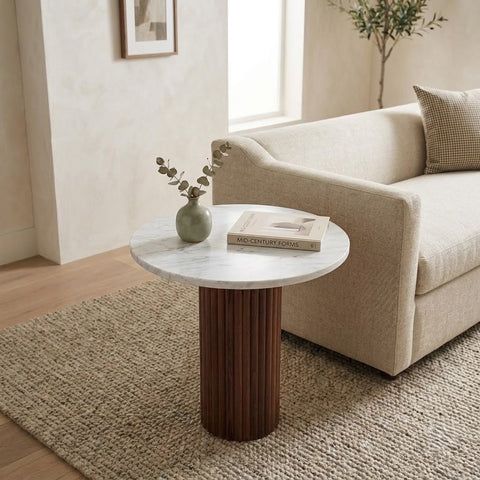 PRITI Bianco Venus Side Table, 40–60cm, Ribbed Wood Pedestal