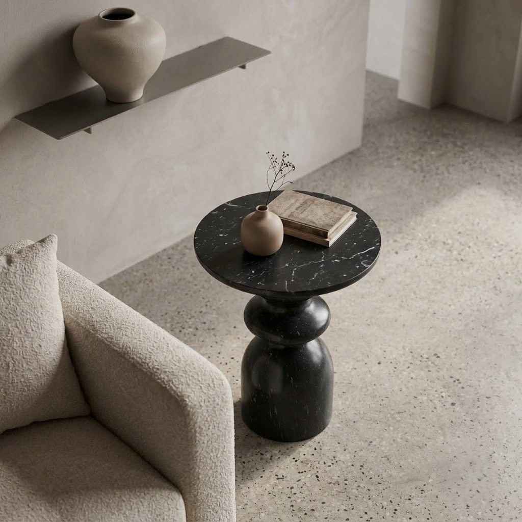 PRITI Black Marble Side Table | Modern Designer End Table for Living Room