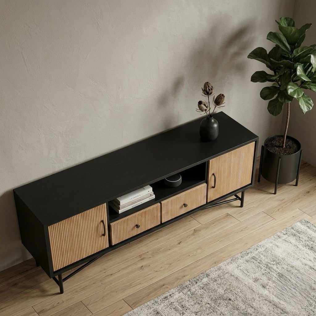 PRITI Black Wooden TV Unit – Two-Tone Mango Wood Media Console with Fluted Doors