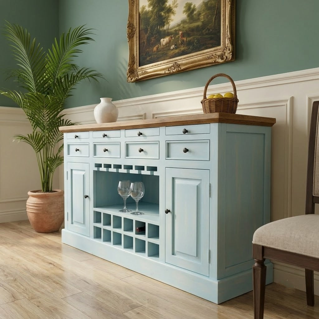 PRITI Blue Distressed Wooden Bar Cabinet | Drink Storage Cabinet for Home