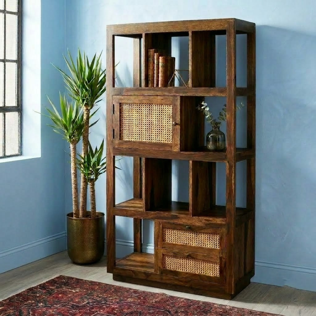 PRITI Book shelf rattan Solid Sheesham Wood Open Bookshelf with Cane Door & Drawers