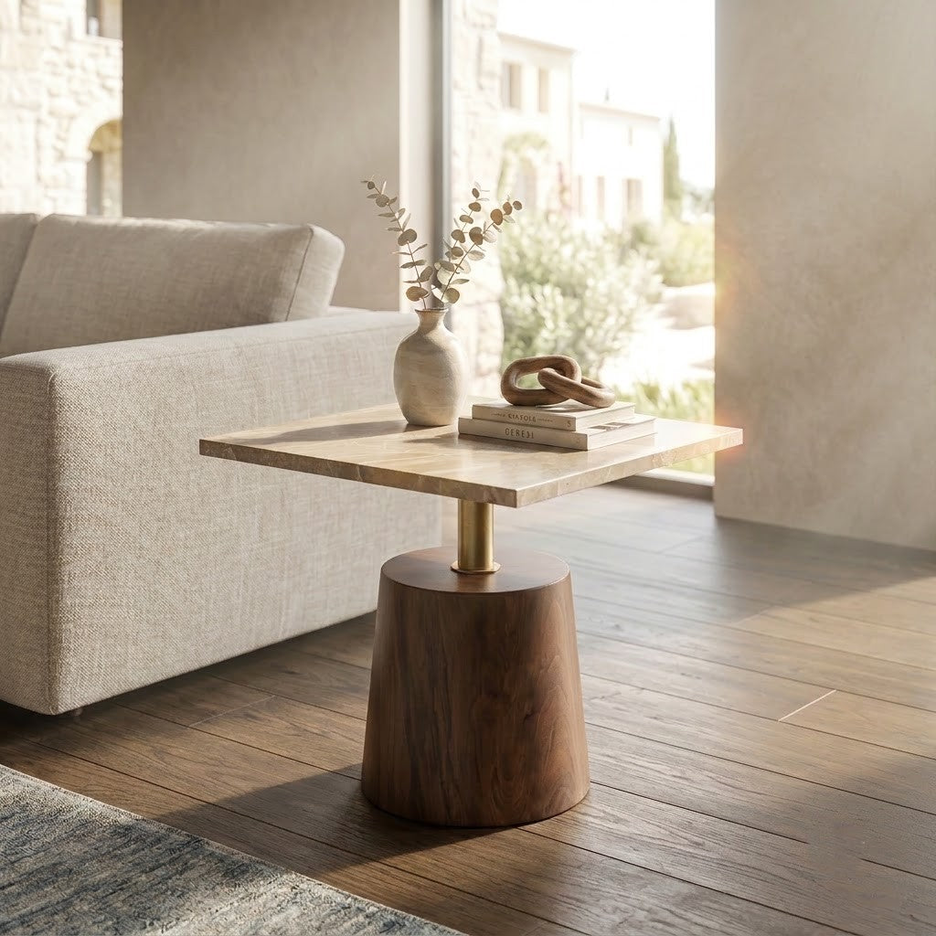 PRITI Breccia Brown Marble Side Table with Brass & Wood Base