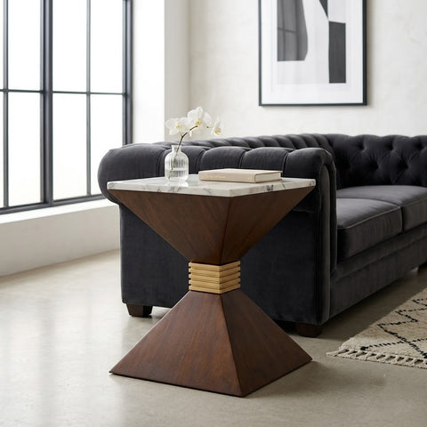 PRITI Breccia Brown Side Table, Geometric Wood & Brass Detail