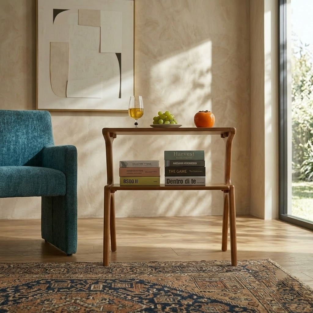 PRITI Brown Mango Wood Table | Sofa Side Table with Book Storage