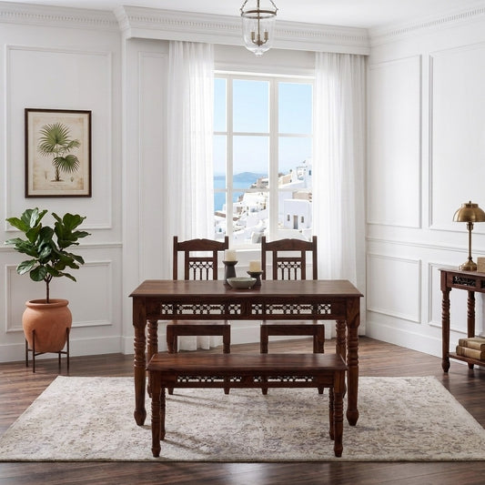 PRITI Brown Sheesham Wood 4-Seater Dining Table Set with Chairs and Bench