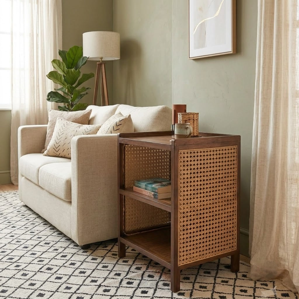 PRITI Brown Teak Wood Side Table | Cane Accent & End Table for Living Room