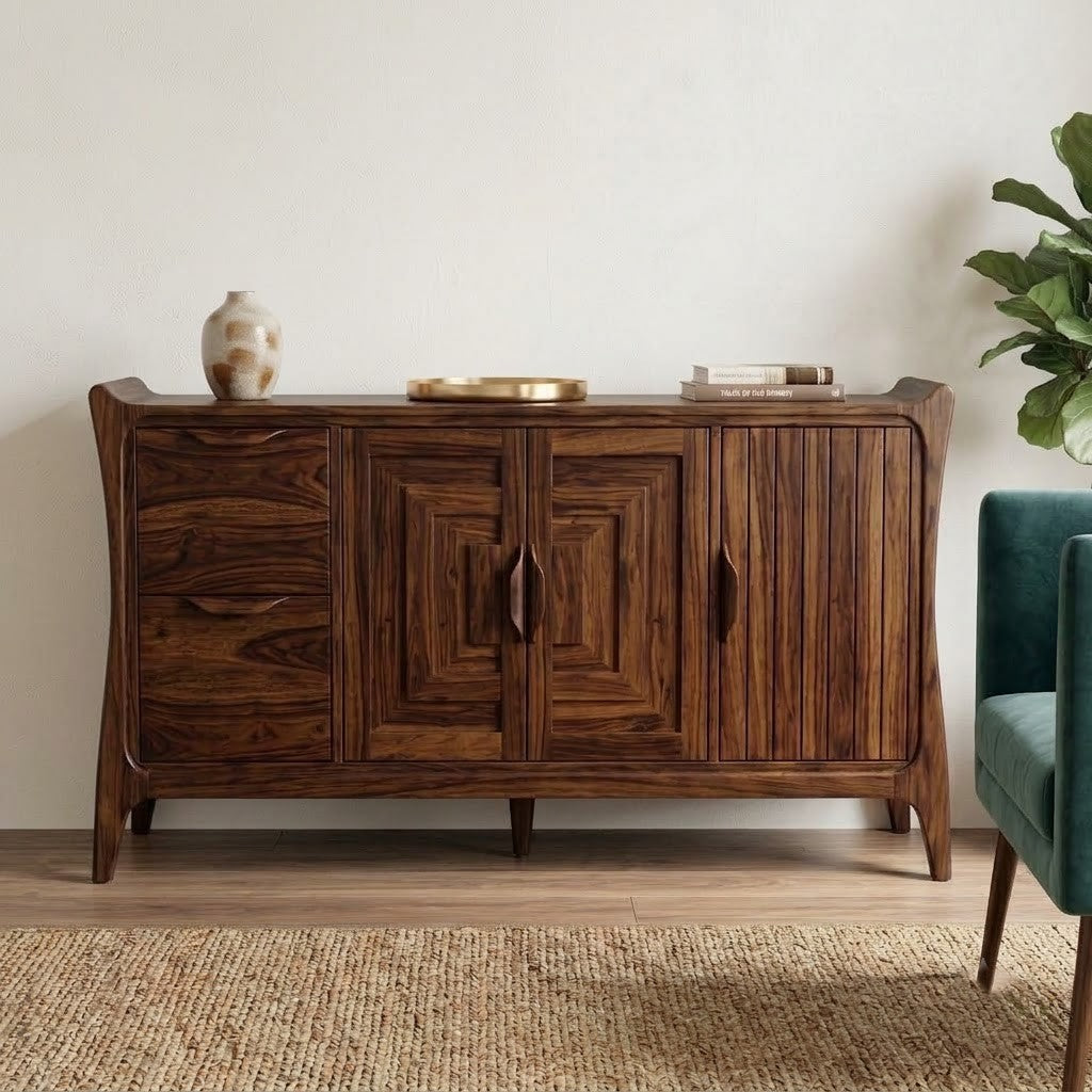PRITI Cabinet with Geometric Doors and Sculpted Wood Legs