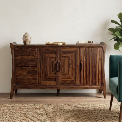 PRITI Cabinet with Geometric Doors and Sculpted Wood Legs