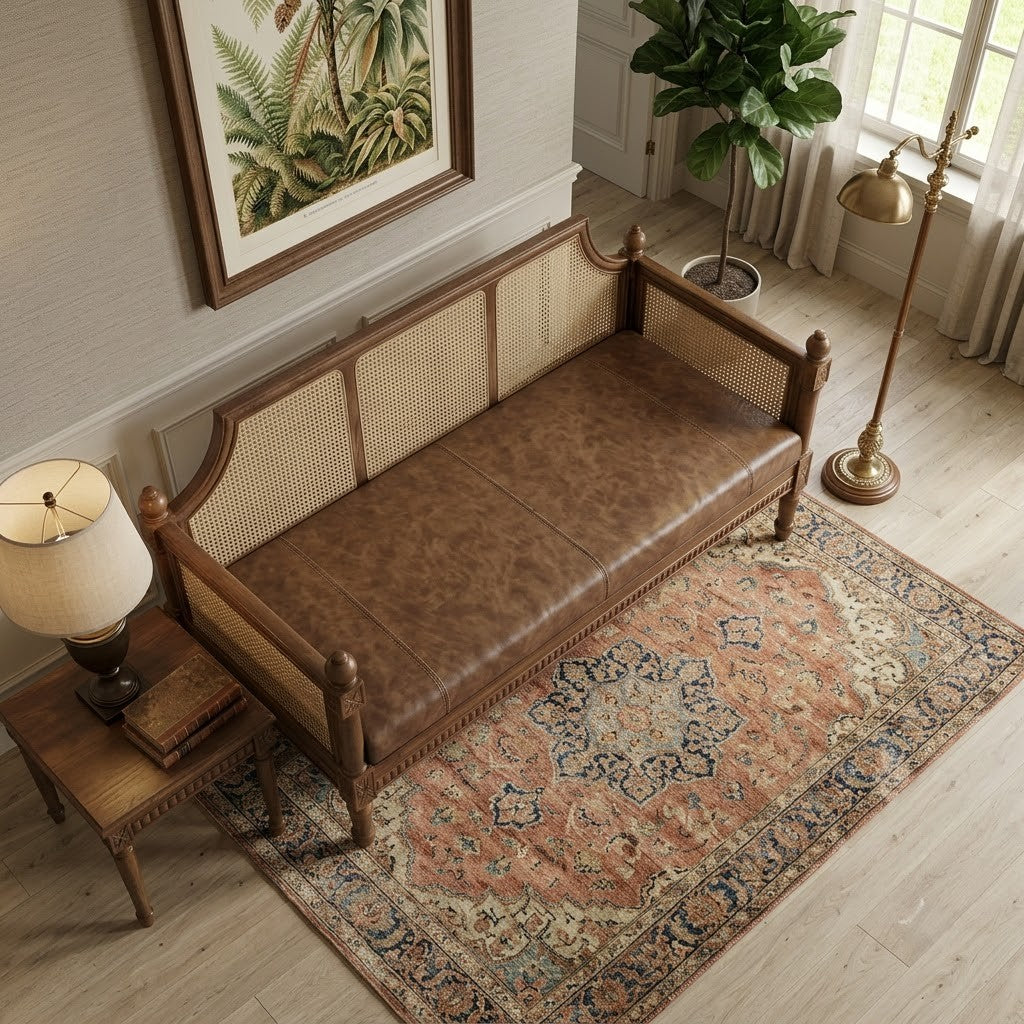 PRITI Cane Back Wooden Sofa with Walnut Finish