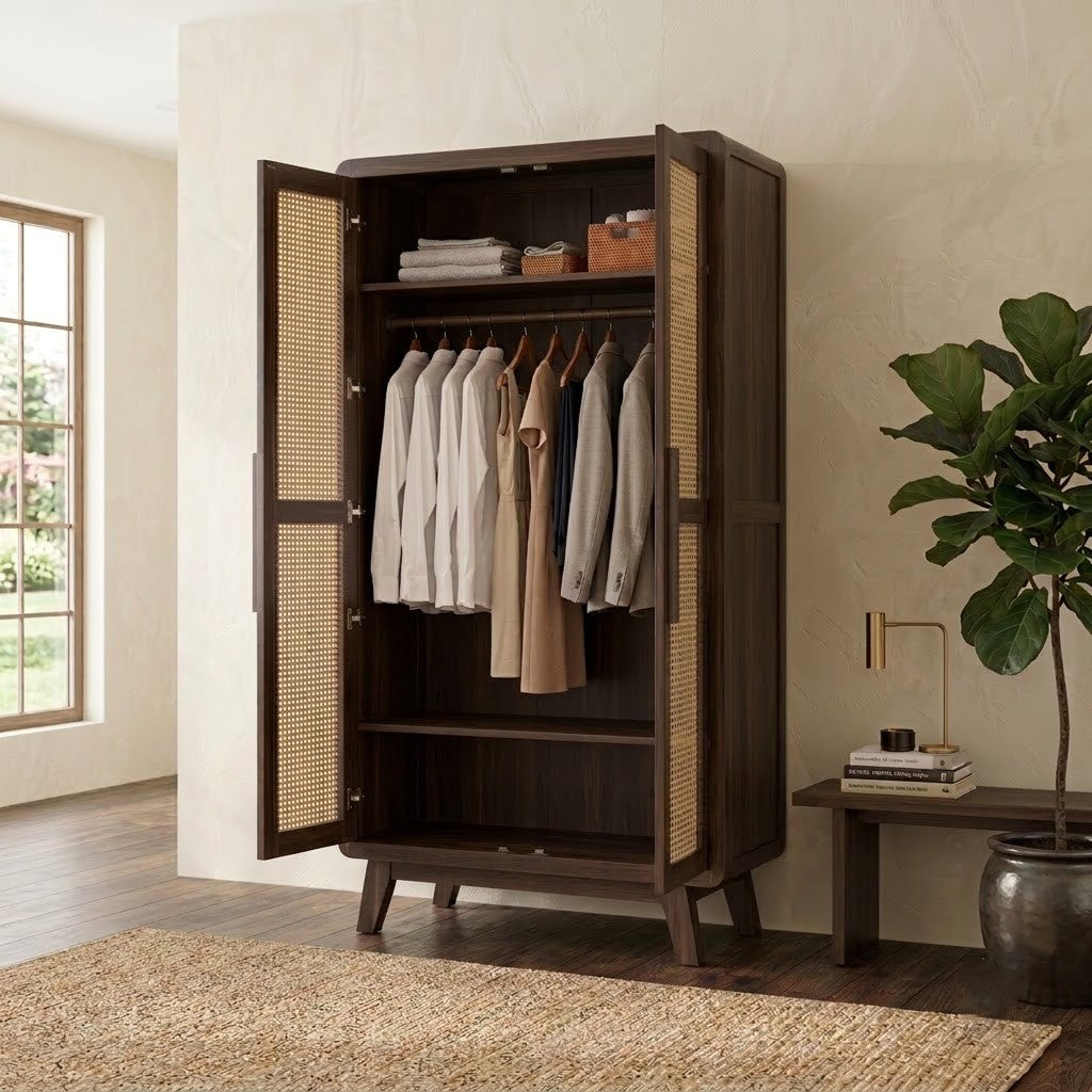PRITI Cane Door Sheesham Wardrobe – Dark Walnut Finish
