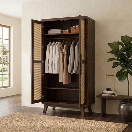 PRITI Cane Door Sheesham Wardrobe – Dark Walnut Finish