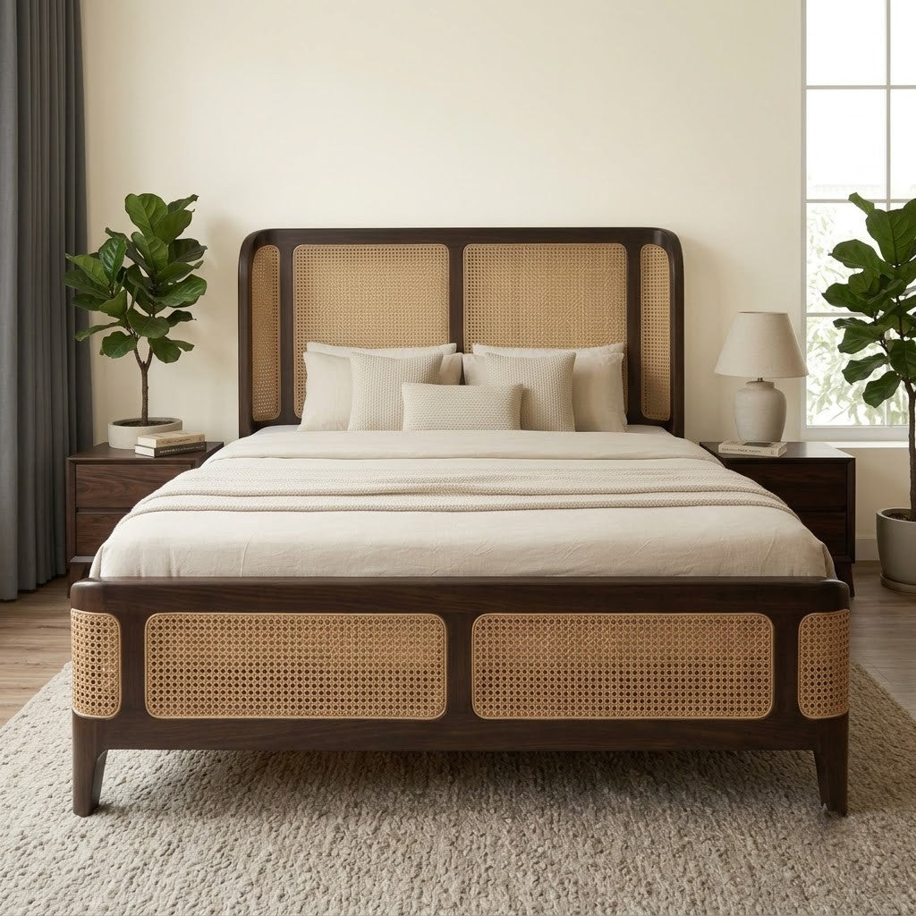 PRITI Cane Headboard Bed for Modern Bedrooms