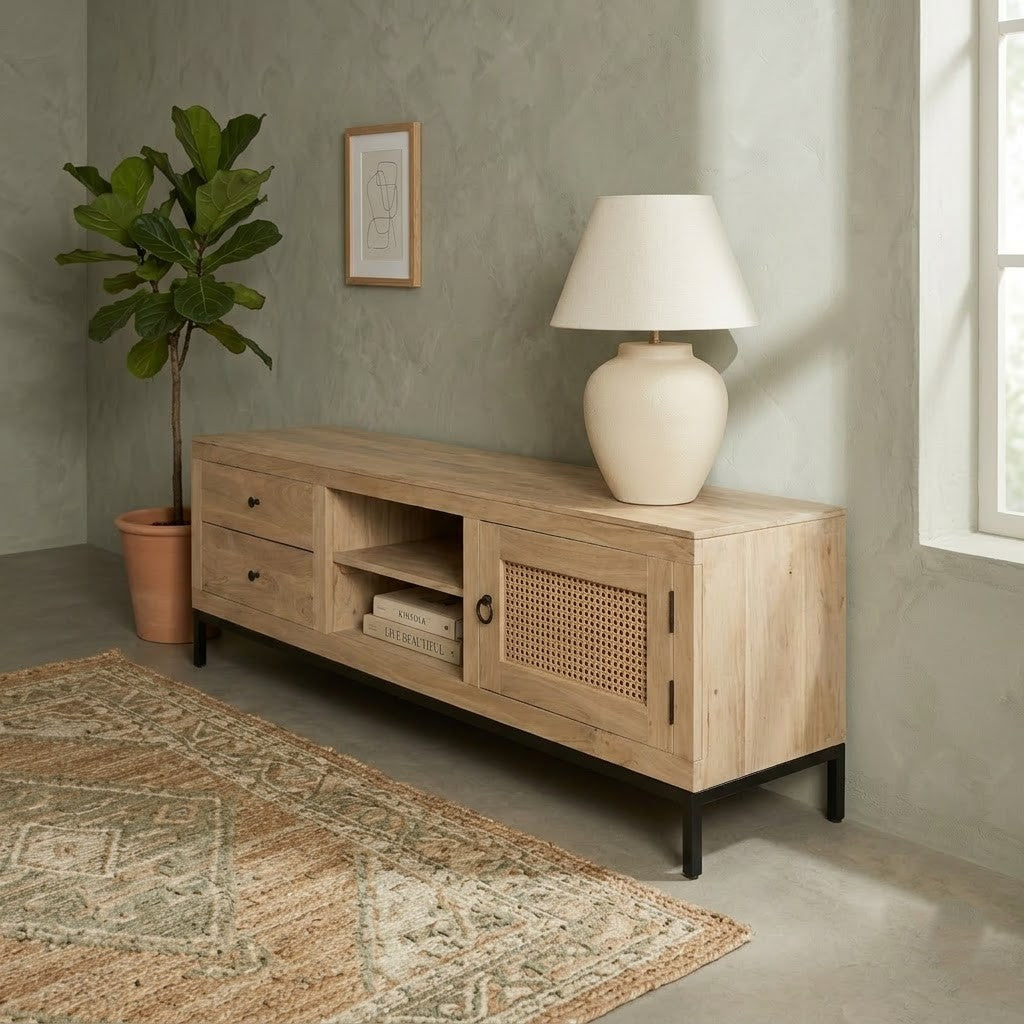 PRITI Cane Wood TV Unit with Storage – Solid Mango Wood Entertainment Cabinet