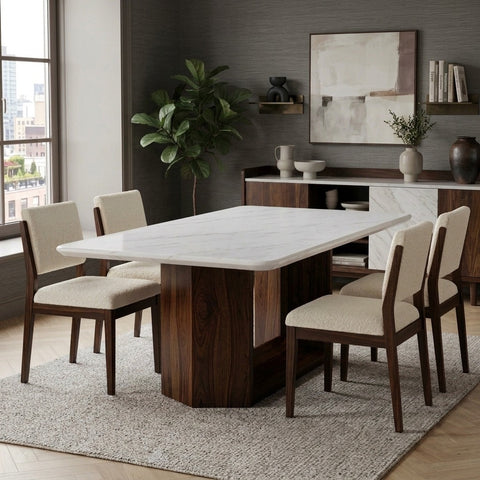 PRITI Ceramic Marble Top Dining Table in Sheesham Wood