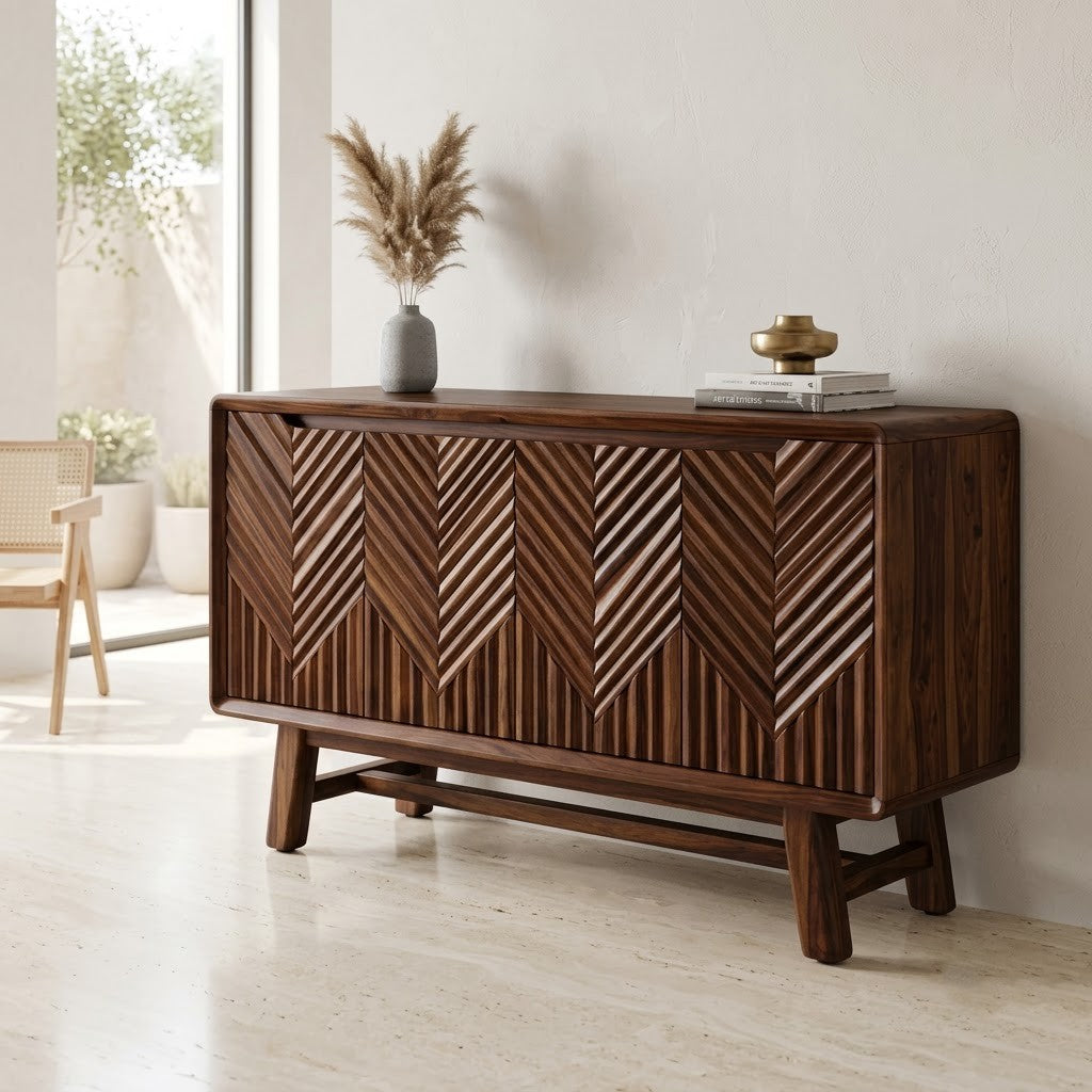 PRITI Chevron Wood Cabinet Dark Walnut Finish