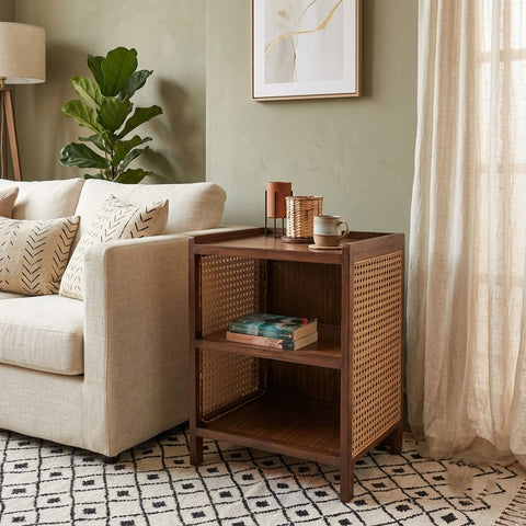 PRITI Classic Cane Side Table | Teak Wood Accent Table for Bedroom & Lounge
