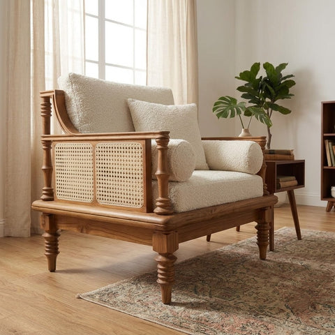 PRITI Classic Wooden Sofa Chair with Rattan Panel