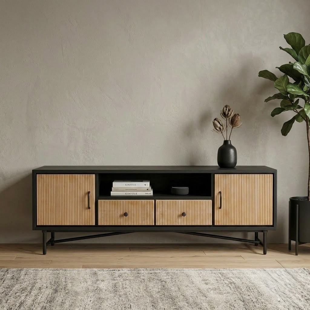 PRITI Contemporary Black Mango Wood Entertainment Unit with Hidden Storage