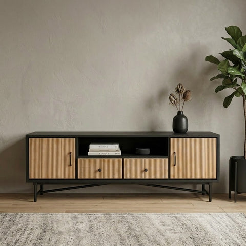 PRITI Contemporary Black Mango Wood Entertainment Unit with Hidden Storage