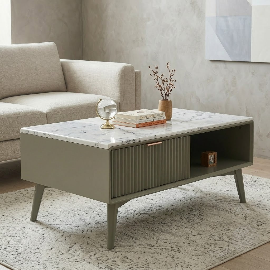 PRITI Contemporary Center Table with White Marble Top & Open Storage