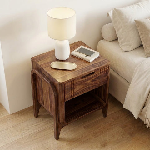 PRITI Contemporary Sheesham Wood Nightstand with Open Shelf